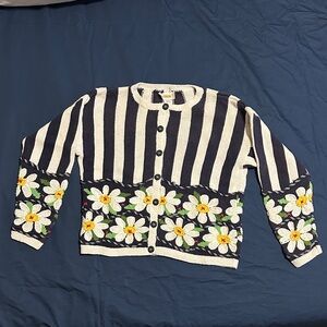 Talbots Navy and Cream Striped Cardigan with Floral Accents